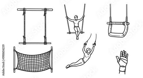 A minimalist vector graphic illustration of various trapeze equipment and performers