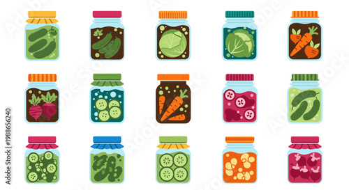 A colorful vector illustration of various pickled vegetables in jars