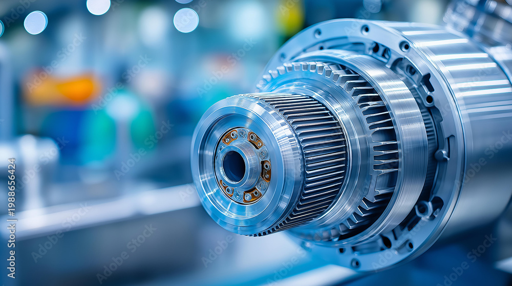 Fototapeta premium Macro shot of a high-tech industrial electric motor with cooling fins, precision engineering and thermal management concept, defocused background, with copy space