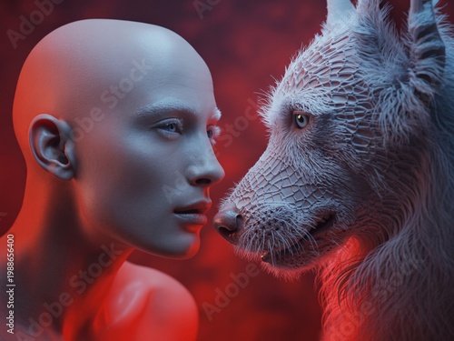 Ethereal woman and mystical wolf face off in dramatic red and white tones