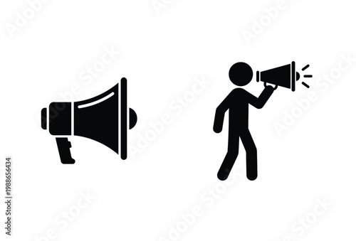 Two black icons depict a megaphone and a person speaking into one silhouette
