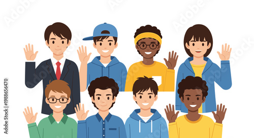 Diverse group of friendly people from various backgrounds wave together in a positive display of community and unity.