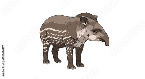 Unique tapir animal stands still in a side profile view showing its distinctive long snout and brown patterned skin.