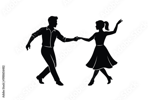 A couple elegantly dances showcasing a classic pose in striking black silhouette
