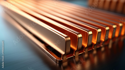 Close-up of a copper heat sink with evenly spaced fins dissipating heat efficiently, thermal management and elegant design concept, defocused background, with copy space