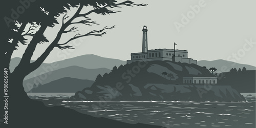 USA Alcatraz Island Moody Cinematic – Foggy Prison Fortress Over San Francisco Bay | Historic Landmark, Dark Atmosphere & Dramatic Aerial Travel Experience Scene