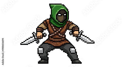 Pixel art assassin character with dual daggers ready for combat.