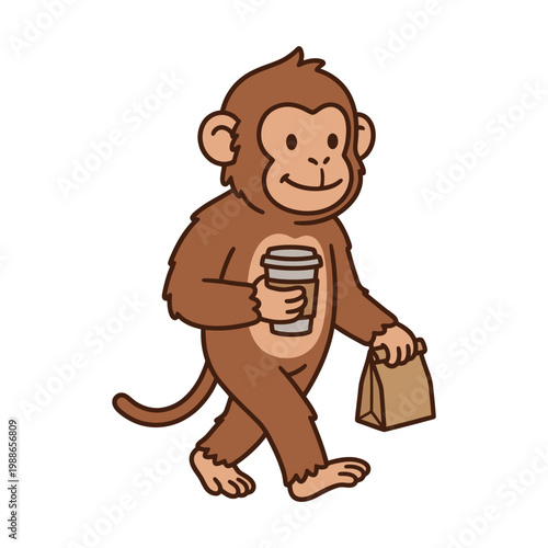 Cute Monkey Carrying Coffee Cup and Paper Bag