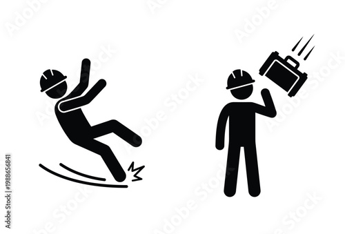 A warning sign depicts two workers one falling and another losing grip silhouette
