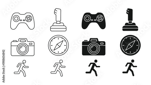 Comparison of gaming controllers, cameras, and activity trackers with color variations