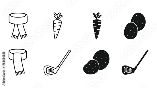 Mixed icons of gardening tools and golf clubs with vegetables and potatoes