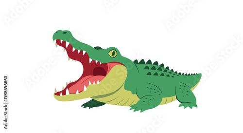 Green crocodile with its large mouth wide open showing sharp teeth and a red tongue in an aggressive yet playful cartoon style.