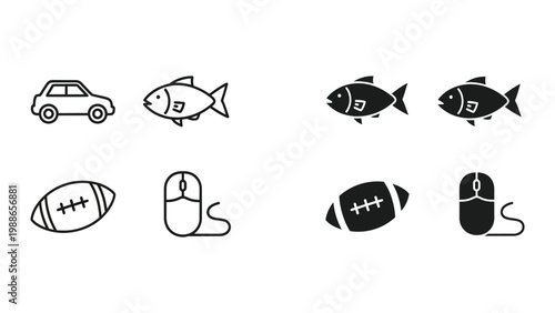 Creative icons combining everyday objects with unexpected elements for visual storytelling