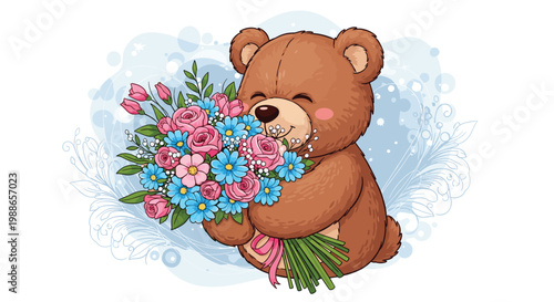 Cute brown teddy bear holding a vibrant bouquet of colorful pink and blue flowers while surrounded by a soft artistic background.