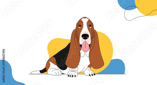Faithful basset hound dog with long ears and a sad expression sitting and looking up against an abstract background.