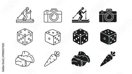 Contrasting icon sets of winter sports, photography, dice, and vegetables in black and white