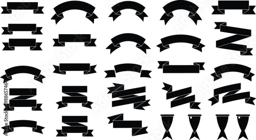 Collection of black ribbon banners and decorative elements in a grid layout