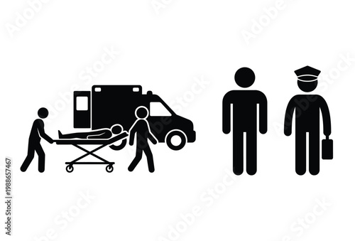 Emergency medical personnel assist a patient on a stretcher with an ambulance a flat silhouette