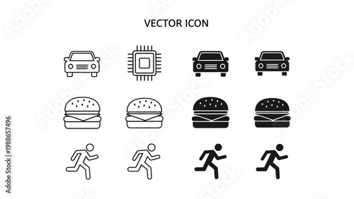 Collection of vector icons featuring cars, microchips, burgers, and running figures