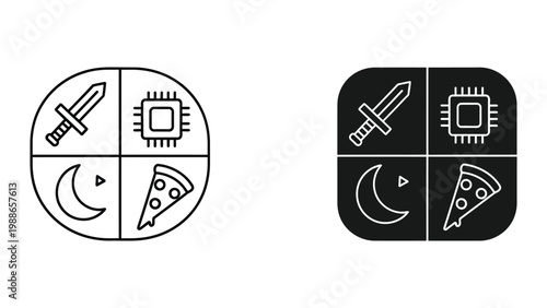 Contrasting icon designs featuring four distinct symbols within circular and square formats