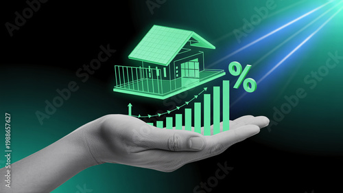 A hand holding a green house with a bar graph and percentage sign, symbolizing real estate growth and investment