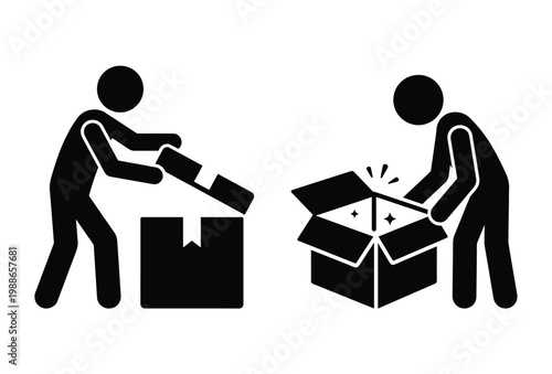 Two figures interact with a cardboard box one presenting and one receiving a gift silhouette