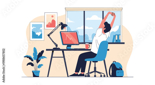 Young man stretching his arms while sitting at office desk with computer during work break to relieve stress and back pain in cozy room.