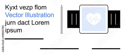 Health monitoring, wearable technology, fitness tracking, digital design, device interfaces, personal wellness. A smartwatch with a heart icon, digital pen and placeholder text. Health monitoring