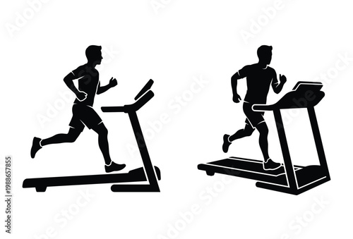 A man energetically running on a treadmill depicted in a striking black silhouette