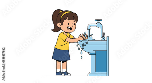 Young girl washing her hands at a blue sink with water flowing from the faucet to promote hygiene and health habits for kids.
