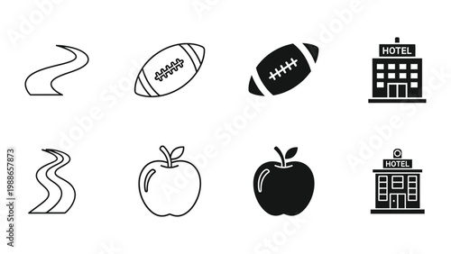 Contrasting icons of sports, food, and accommodation with style variations