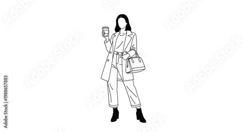 Black and white line art illustration of fashionable woman wearing long coat and jeans carrying handbag and holding coffee cup on white.