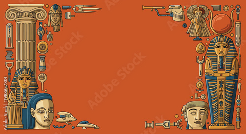 Decorative border frame composed of ancient Egyptian artifacts, statues, pharaoh masks, and hieroglyphic symbols on terracotta background.