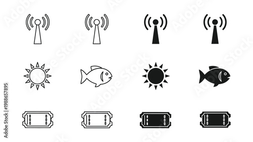 Collection of icons representing technology, nature, and power symbols