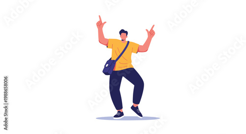 Young man with shoulder bag dancing happily and pointing upwards with both hands celebrating success or enjoying music at social event.