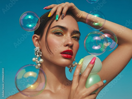 Woman with colorful nails, glitter makeup, and bubbles against blue sky