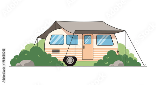 Vintage style caravan camping trailer with canopy awning parked among green bushes and rocks representing outdoor travel and road trip adventures.