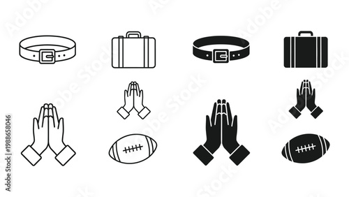 Contrasting icon pairs of everyday and symbolic items in black and white