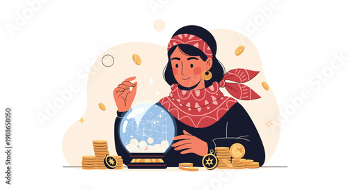 Mysterious fortune teller woman in headscarf looking into glowing crystal ball surrounded by golden coins and mystical astrology symbols.