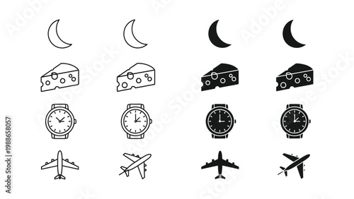 Evolution of icons depicting moon phases, cheese, clocks, and airplanes