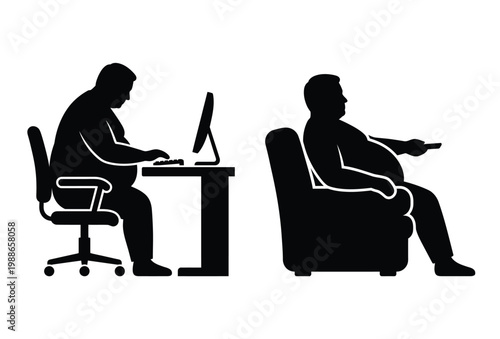 Two overweight men depicted in contrasting leisure activities presented as a silhouette