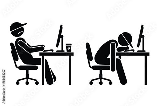 A depiction of exhaustion from work showing a person at a desk in silhouette