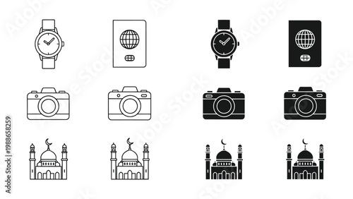 Iconic travel and cultural symbols depicted in minimalist line art designs