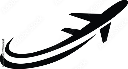 A sleek black silhouette of an airplane leaving a curved trail