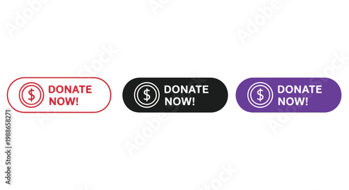 Donate now buttons in red, black, and purple for charity fundraising campaigns