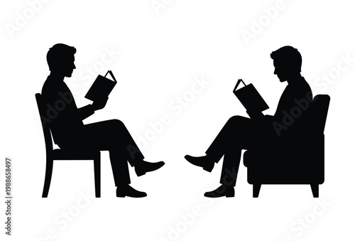 Two men seated in chairs intently reading books facing each other silhouette