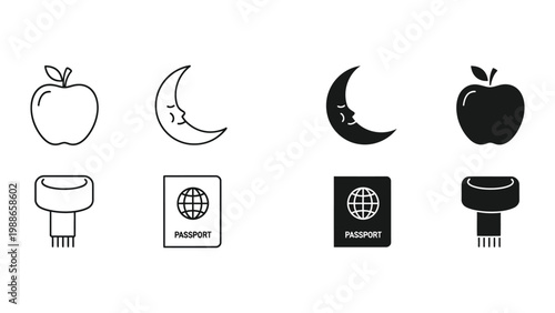 Contrast between filled and unfilled icons of everyday objects and symbols