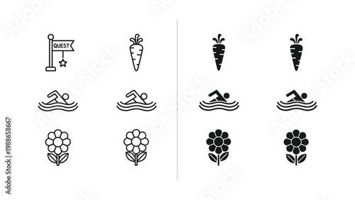 Set of icons depicting gardening, swimming, and quest themes in a grid layout