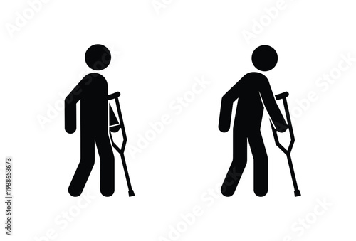 Two figures using crutches are depicted in a simple minimalist black silhouette