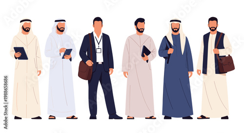 Diverse group of Arab men standing together wearing traditional white kandura and modern business suits representing Middle Eastern culture and professional life.